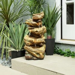 Alpine Corporation TZL226 24" Outdoor 4-Tier Log Fountain with LED Lights, Cascading Tree Trunk Feature for Garden, Patio, Backyard & Landscape Décor,