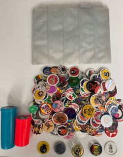 Vintage Pogs Milk Caps 300 Pogs 2 storage tubes and 5 slammers and binder sleeves