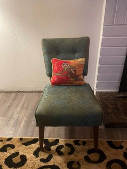 Mid-Century Vintage Teal Floral Upholstered Slipper Chair