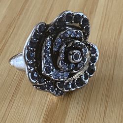 Lucky Brand Blue & Black Crystal Silver Metal Cocktail Ring 