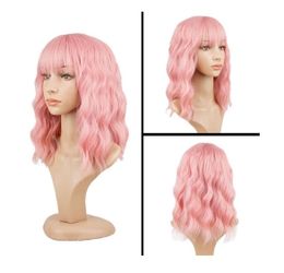 Synthetic Pink Wavy Bob Wig with Bangs