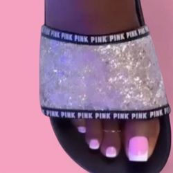 Y2k Retro Open Toe PINK Victoria's Secret glitter silver sparkly Slides 
