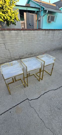 Set of 3 Gold Bar Stools with White Cushions