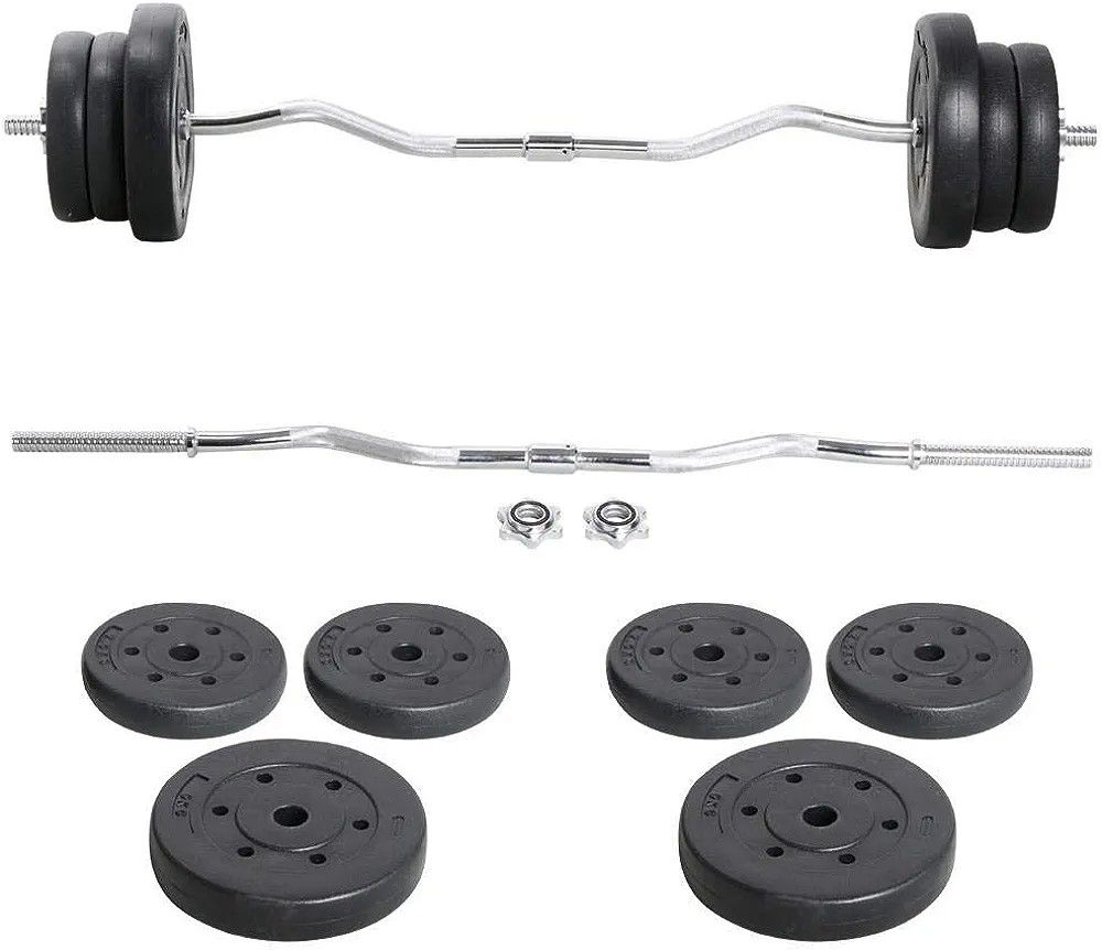 Barbell Weight Set -Curl Bar & 6 Weights & 2 Barbell Clamps for Lifts 55LB

