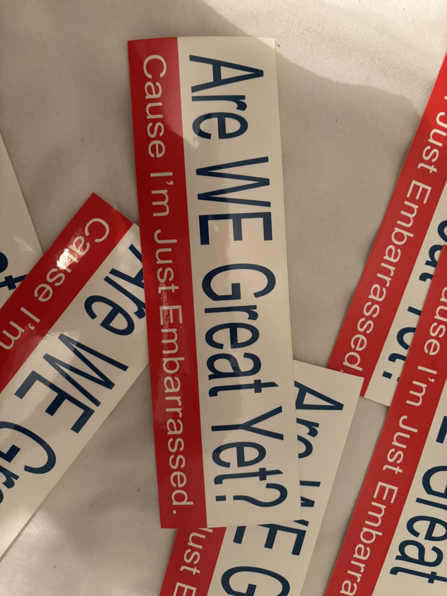 Are WE Great Yet? Cause I’m Just Embarrassed - bumper sticker