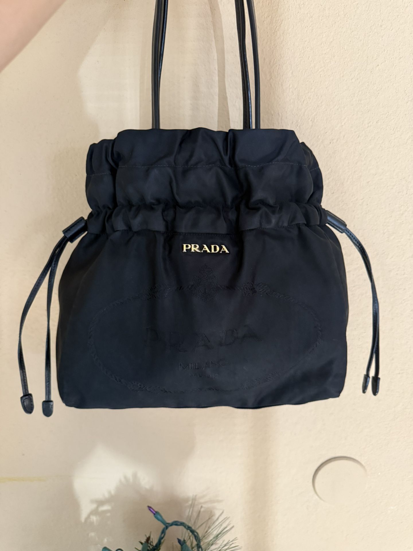 Auth PRADA gathered nylon bag black