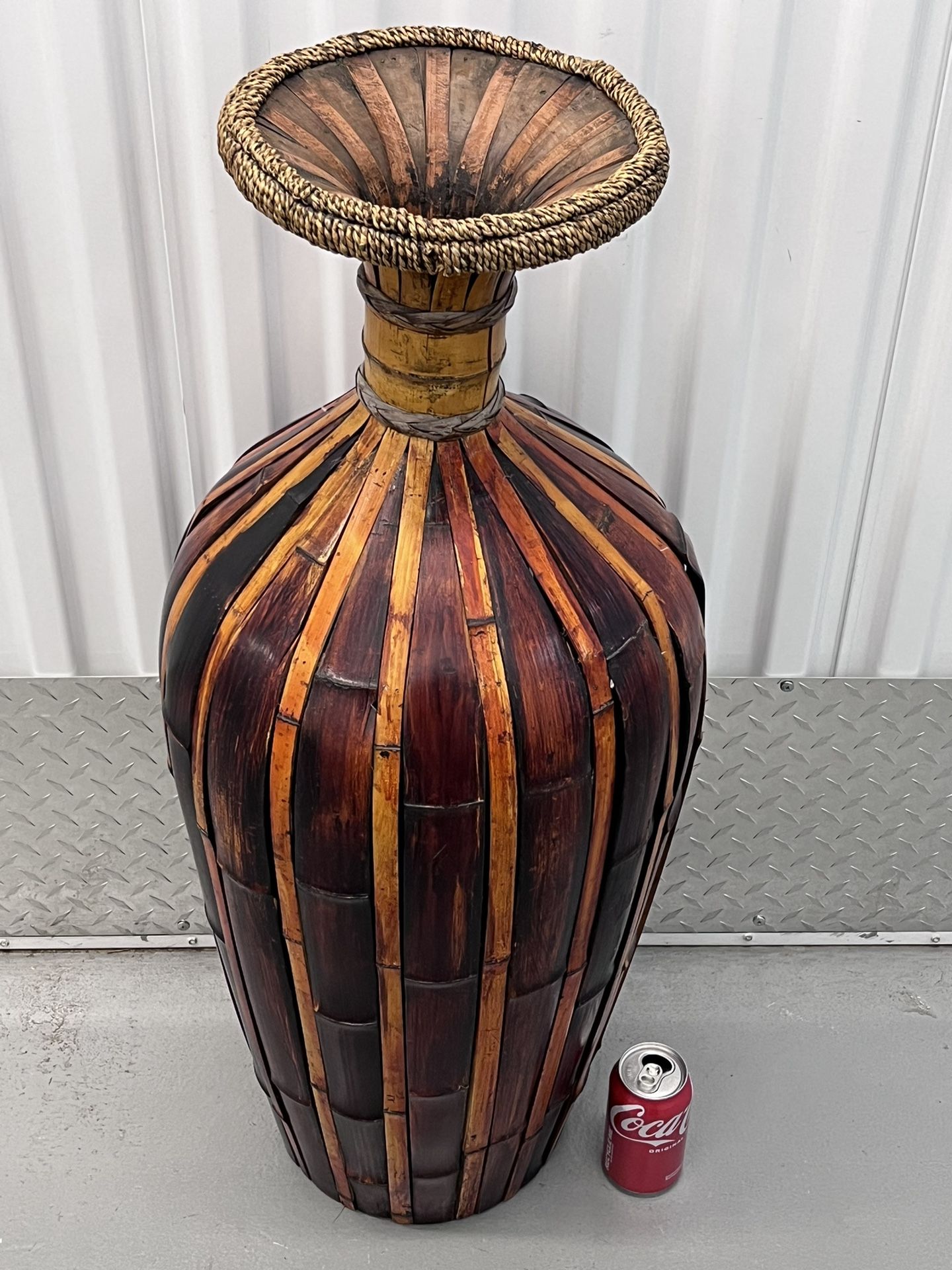 Vintage Handcrafted Bamboo Wicker Floor Vase 34” Tall
