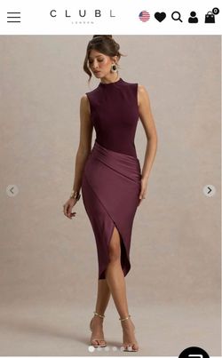 Dark Cherry Satin High-Neck Wrap Midi Dress