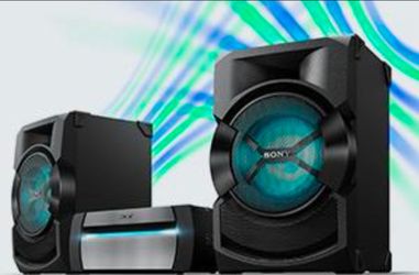 Sony SHAKE-X30D high-power home audio system features two large black speakers with party lights and high sound pressure technology.