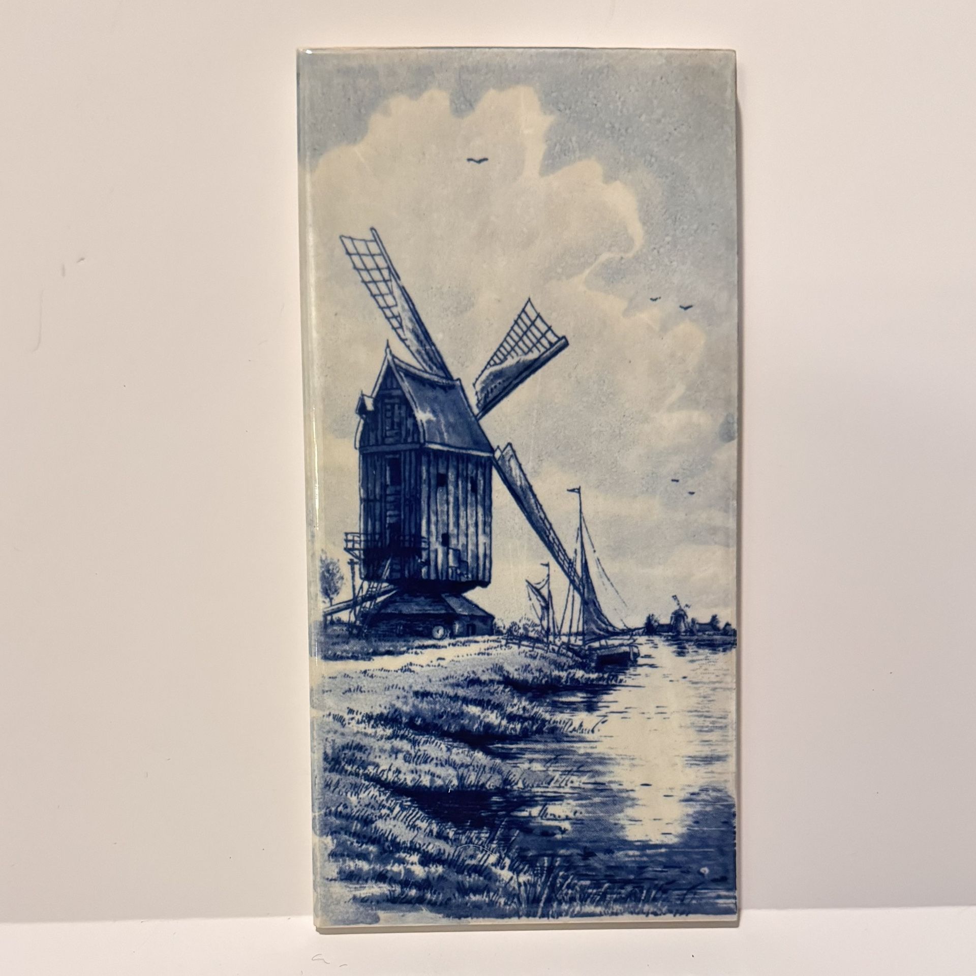 Vintage Delft Tile Wall Art Sailing Boat / Windmill Dutch 6” Tall