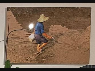 Photo Art Face-Mounted on Glass - Farmer in Flooded Field
