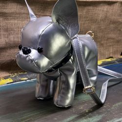 Silver French bulldog shaped versatile punk preppy crossbody bag    NWT