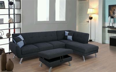 Brand New Dark Grey Linen Sectional With Storage Ottoman & 2 Decorative Pillows