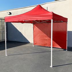 (NEW) $109 Heavy Duty Canopy 10x10 FT with (1) Sidewall, Ez Popup Outdoor Party Tent (Blue, Red)