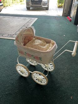 Hand Painted Vintage Baby Stroller With Two Dolls