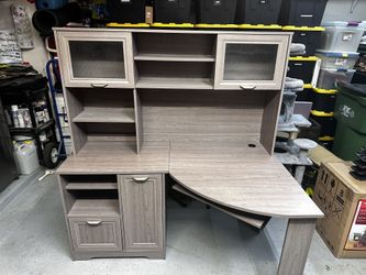 Grey desk with hutch, has ware, see description for dimensions and all pics