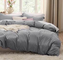Bedsure Light Grey Duvet Cover King Size 3 Pieces Prewashed Cotton Bedding Set