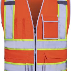 Safety Vest for Men with 10 Pockets, High Visibility Reflective Vest, Work Vest for Men, Construction Vest, Security Vest, Orange Safety Vests, ANSI/I