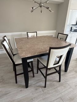 Modern Marble Counter Height Dining Table Set with 5 Leather Chairs