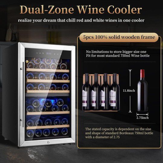 20" Wine Cooler Fridge 52 Bottles (Bordeaux 750ml),Freestanding Dual Zone Wine Refrigerator,Wine Cellar with Upgrade Compressor,Fast Cooling Quiet Low