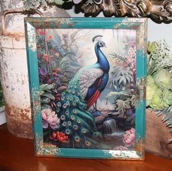 Bright Colorful French Country Peacock & Floral Wall Decor Picture
