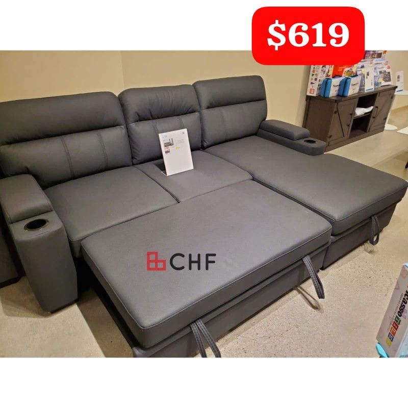 94"W Gray / Black Fabric Sleeper Sectional Sofa Chaise with Storage Arms and Cupholder