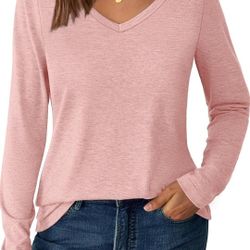 V Neck Long Sleeve Shirts for Women Soft Basic Tees Spring Casual Tops Trendy Everyday Wear
