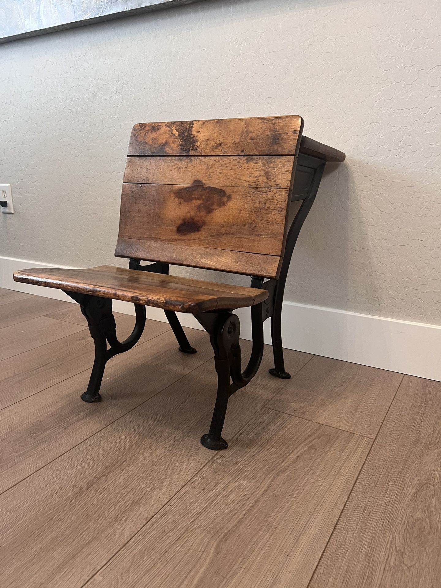 Antique American Seating Co. #5 School Desk with Folding Seat, Wood & Cast Iron