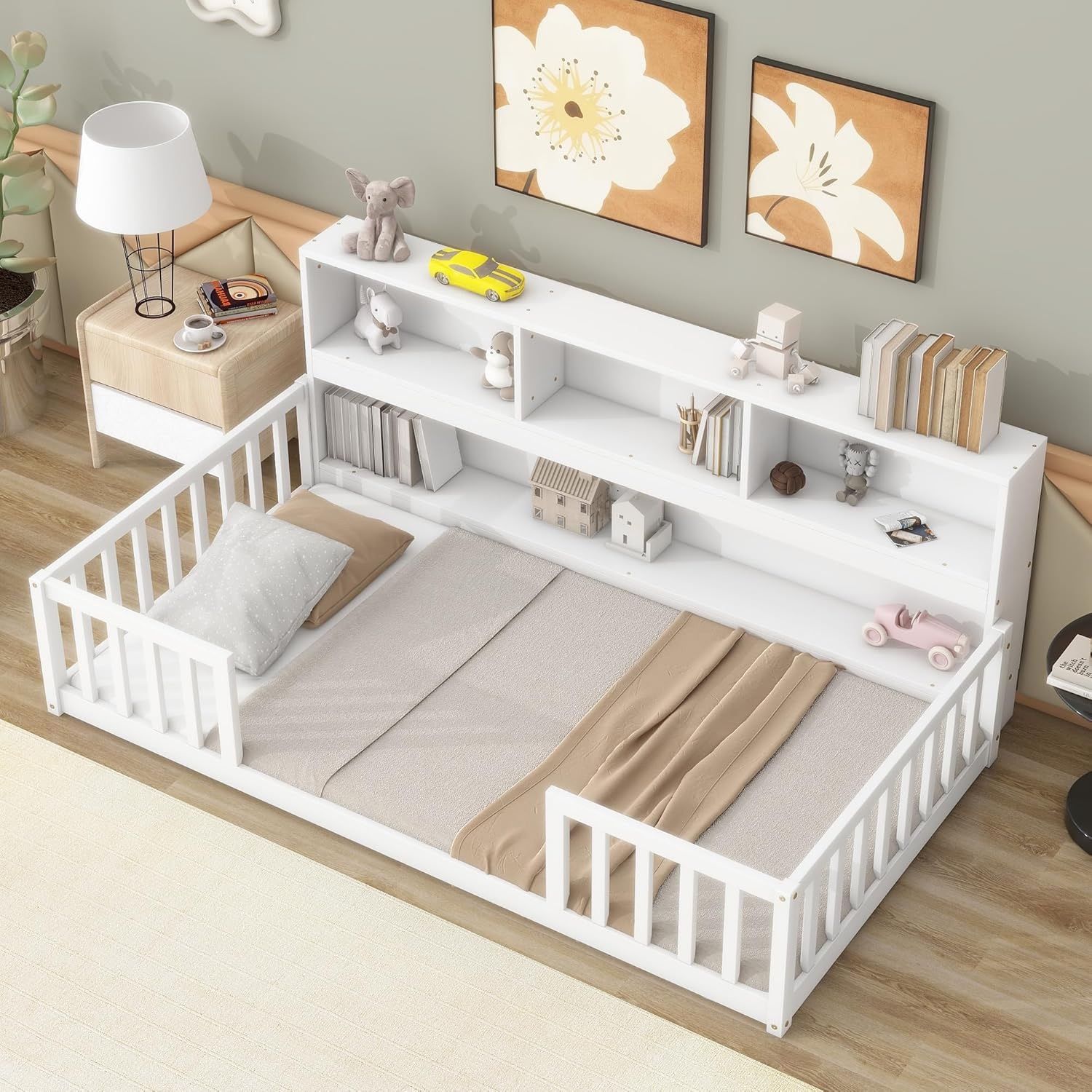 Floor Bed with Rails Twin Size, Wood Montessori Floor Bed with Storage Bookcase, Kids Bed Frame with Fence and Shelves for Boys Girls, White