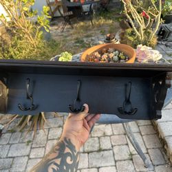 Rustic Distressed Dark Wooden Shelf With Hooks