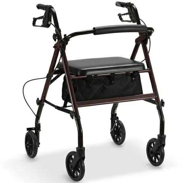 Rollator Walker with Seat, Foldable Rolling Medical Walker with 6" Wheels, Aluminum Frame Supports Up to 300 lbs