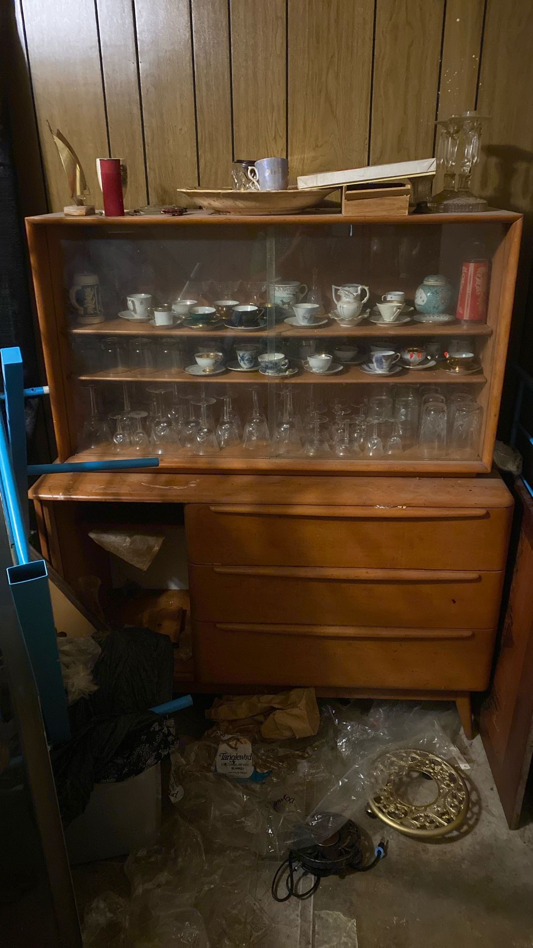 Teak China cabinet with China and crystal