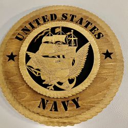 Hand Wood Carved United States Navy Plaque 11.50” Diameter Large Size