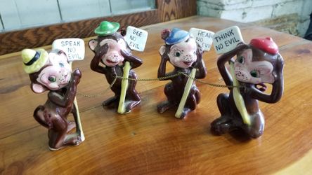 Vintage Antique Anamorphic Monkeys Hear See Speak And Think No Evil