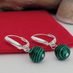 ❤️ Sterling Silver Small Green Howlite Bead Leverback Earrings, Beautiful!! Aretes De Plata 