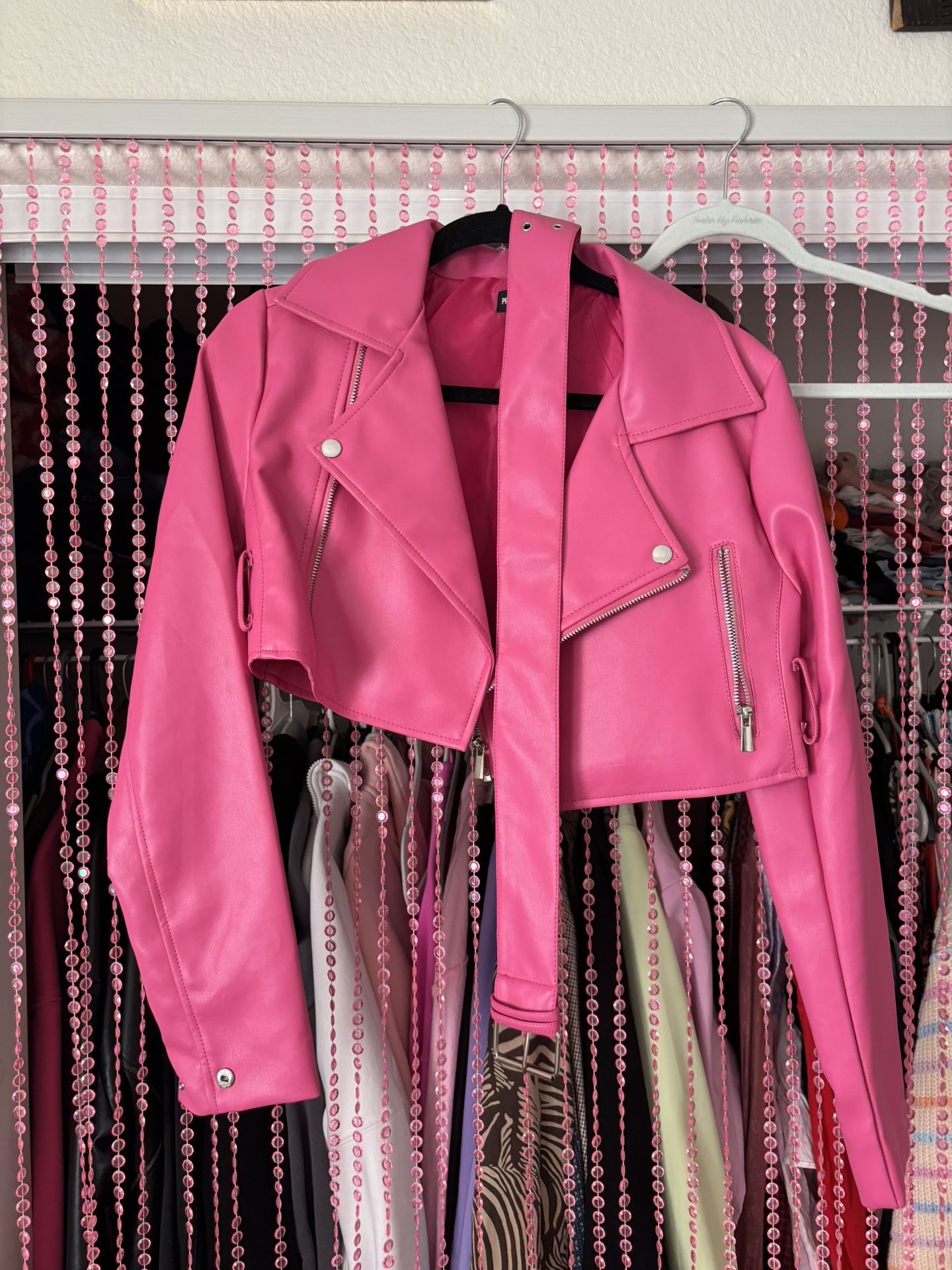 pink leather jacket