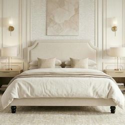 C458 $170  King Chenille Upholstered Platform Bed Frame, Beige 50.6"-54.5" Tall Adjustable Minimalist Chenille Headboard, Strong Support, Noise-Free, 