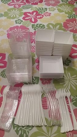 26 Mini plastic containers white and clear with13 lids, 24 spoons, 13 forks