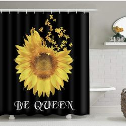 Sunflower Butterflies Shower Curtain for Bathroom Decor, Be Queen Black and Yellow Bath Accessories with Hooks Waterproof Polyester 72x72 inches YLLLE
