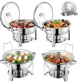 VEVOR Chafing Dish Buffet Set, 5 Qt 4 Pack, Stainless Steel Chafer with 4 Full Size Pan, Round Catering Warmer Server with Glass Lid Water Pan Folding