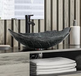 Bathroom Leaf Shape Artistic Glass Vessel Sink Free Black Faucet And Pop-Up Drain Set, Silver