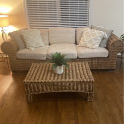 Rattan 3 Season Room Furniture. Sofa With Removable Cushion Covers. Rattan Coffee Table. Rattan Chair. 2 Banana Leaf End Tables.