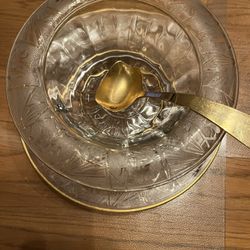 Vintage Etched Rolled Mayonnaise Pedestal Dish With Matching Plate