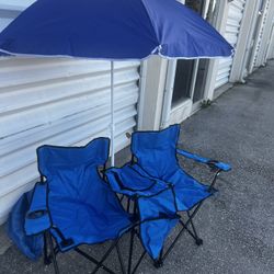 New Double Seat folding Blue Camping Beach Chairs with Center Cooler and Umbrella! 