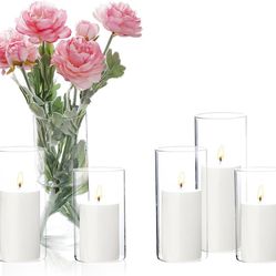 Set of 3 White Pillar Candles and Hurricane Glass Candle Holders Cylinder Vases