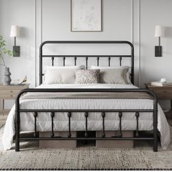 Classic Metal Platform Bed Frame Mattress Foundation with Victorian Style Iron-Art Headboard/Footboard/Under Bed Storage/No Box Spring Needed/Queen Si