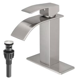 Waterfall Bathroom Faucets Brushed Nickel Modern Single Handle Sink Faucet for 1 or 3 Holes with Deck Plate and Pop-Up Drain, Rv Sink Camper Farmhouse