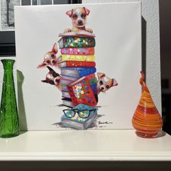 Fun Colorful Canvas Wall Decor of Puppies Playing and Reading Books - 16”x16”x1.5”