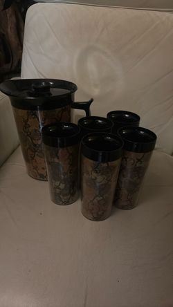 Vintage West Bend Thermo Serv Set Of 6 Tumblers And Pitcher Gold And Black