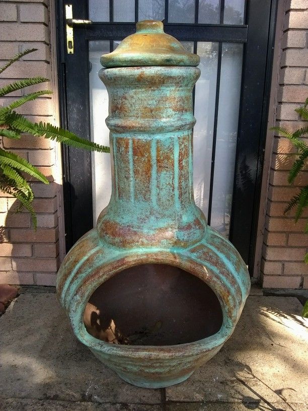 Shabby Turquoise Clay Chiminea